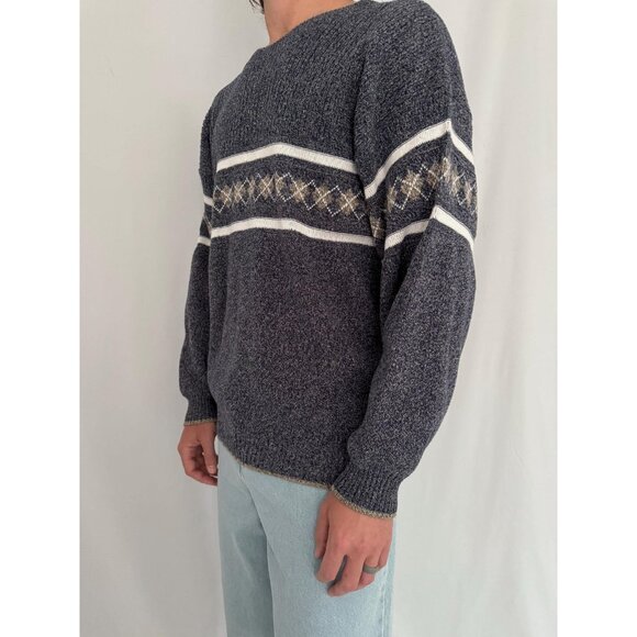 90s vintage mens blue grey grandpa argyle print casual long sleeved knit sweater - Picture 3 of 10